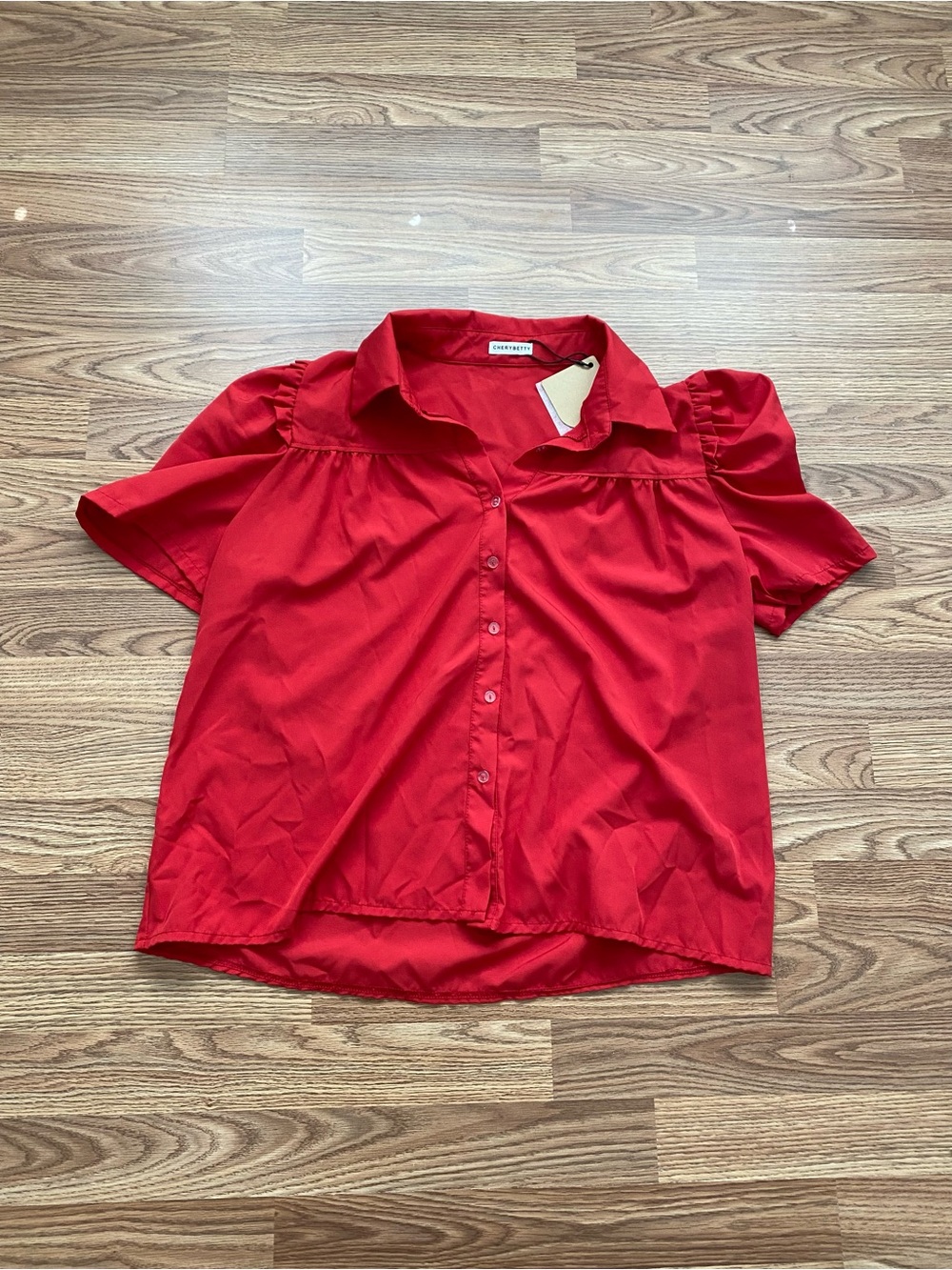 Button-Front Red Puff Sleeve Blouse